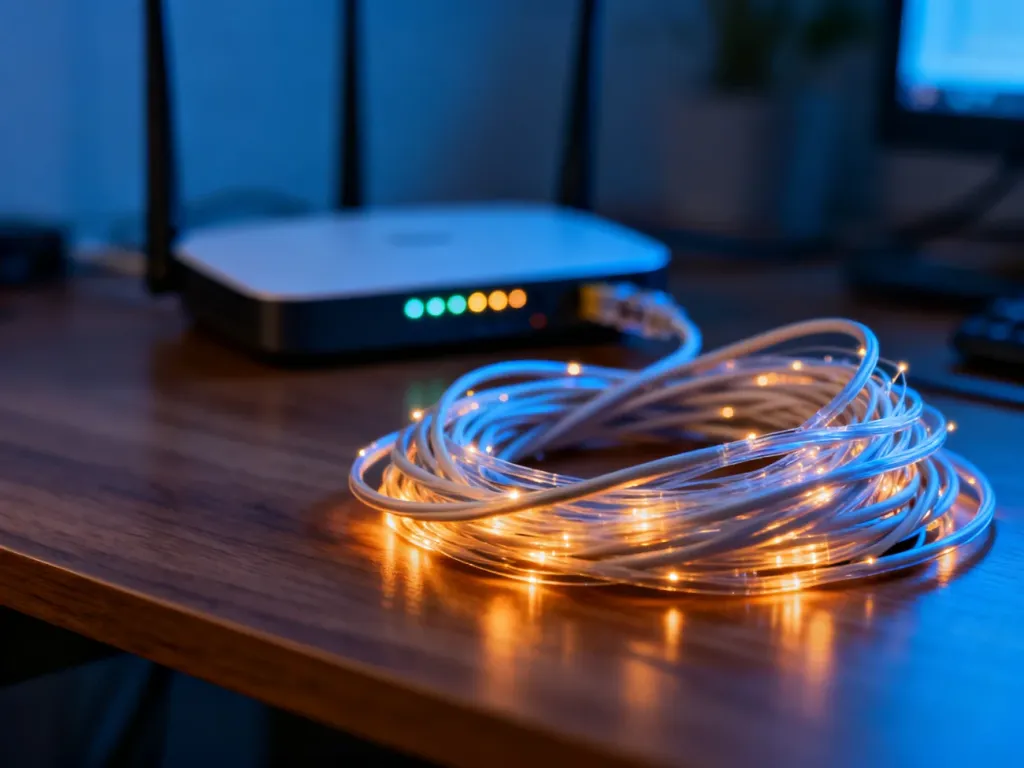 Splątany kabel światłowodowy i router w tle, obrazujące problemy z jakością połączenia internetowego.