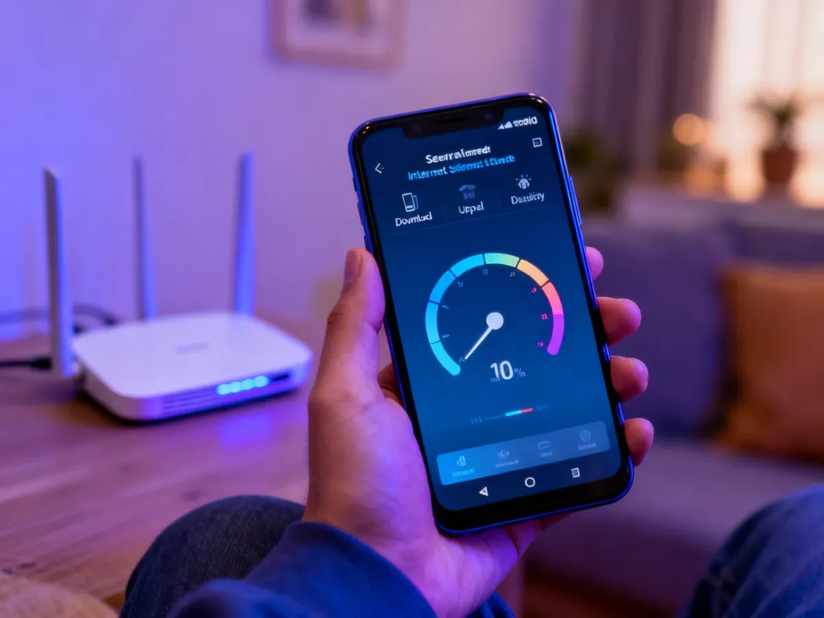 Smartfon z aplikacją do testowania prędkości internetu na tle domowego routera