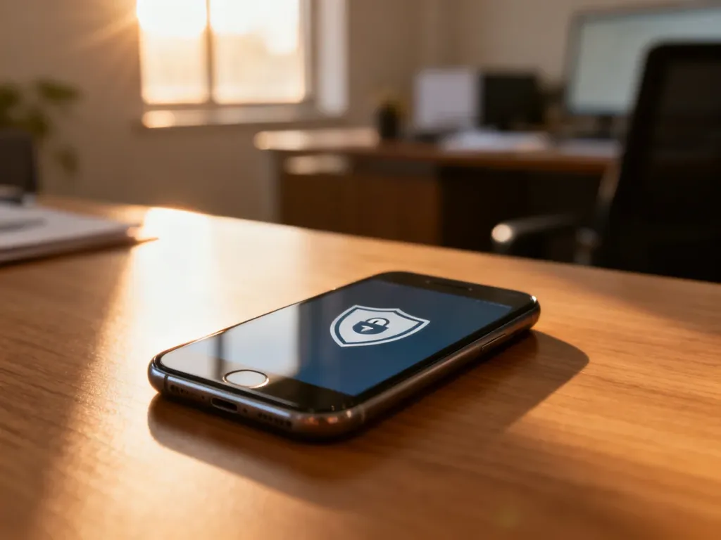 Smartfon z ikoną tarczy zabezpieczającej na ekranie, symbolizujący ochronę konta i bezpieczne logowanie.
