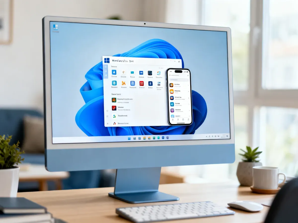 Nowoczesny pulpit Windows 11 z przeprojektowanym Menu Start i panelem połączenia ze smartfonem