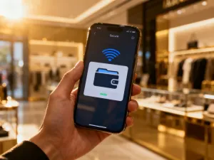 Zbliżenie na ekran smartfona Samsung z kolorowymi ikonami systemowymi na tle minimalistycznego biurka w świetle poranka.