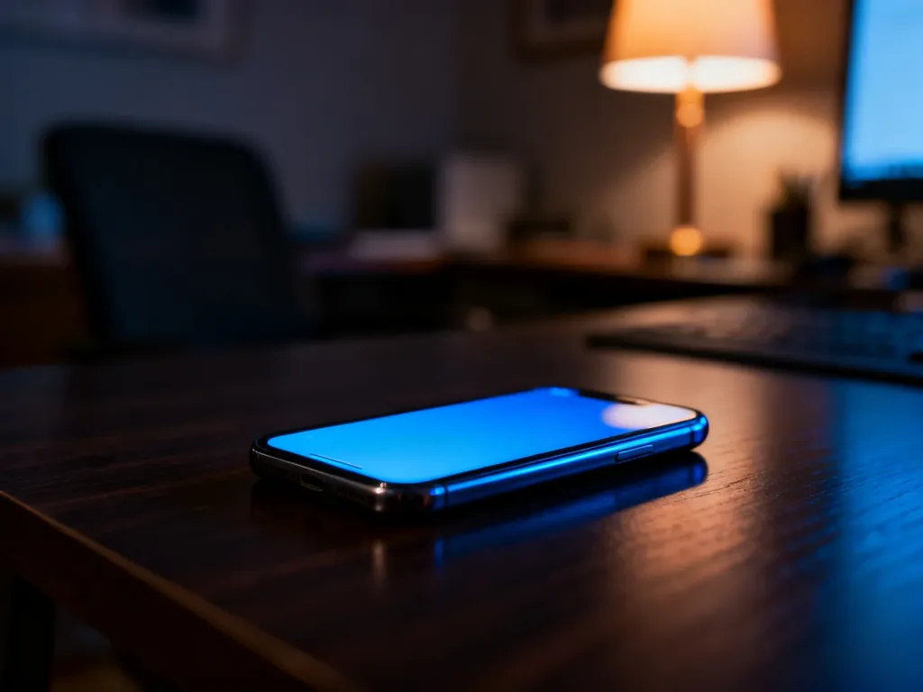 Nowoczesny smartfon leżący na drewnianym biurku w przyciemnionym pokoju, symbolizujący lokalizację urządzenia.