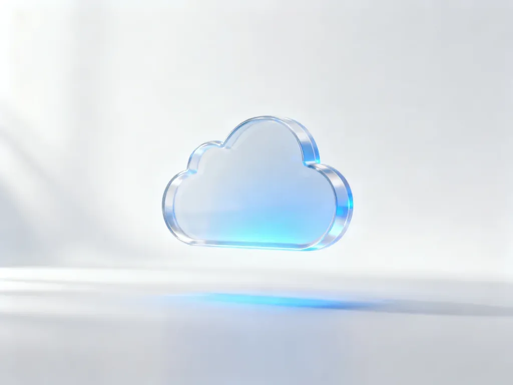 Minimalistyczna, świecąca ikona chmury 3D symbolizująca przechowywanie danych w chmurze iCloud.
