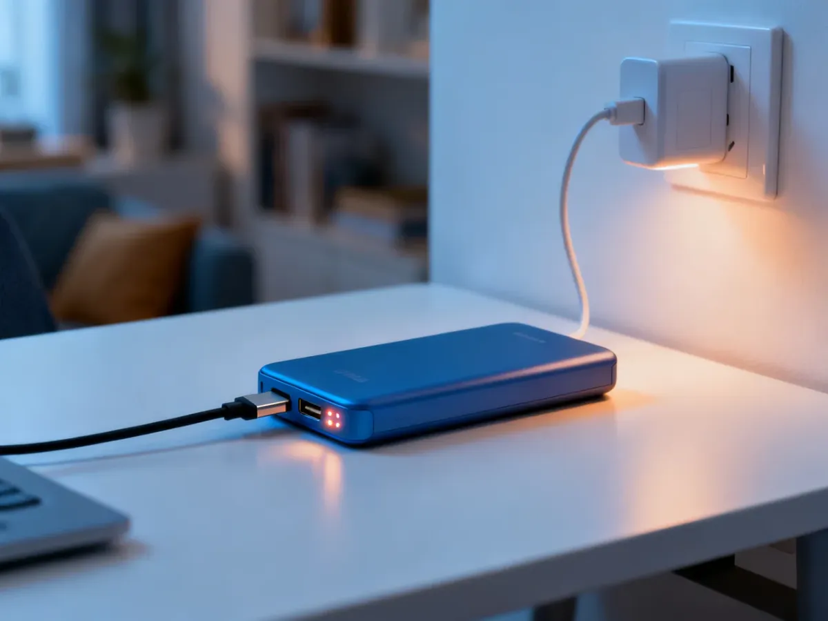 Powerbank ładowany kablem USB-C z ładowarki sieciowej