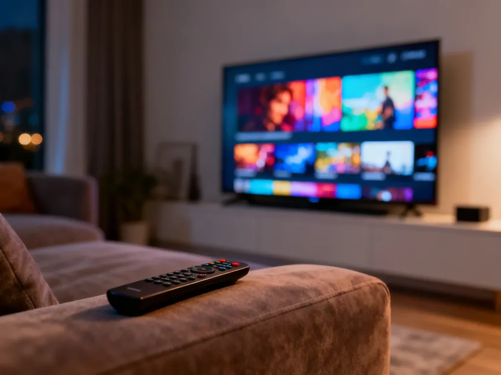 Nowoczesny salon z telewizorem wyświetlającym interfejs platformy streamingowej i pilotem na kanapie.