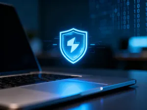 Świecąca cyfrowa tarcza z obwodami, symbolizująca zaawansowaną ochronę i bezpieczeństwo w systemie Windows.