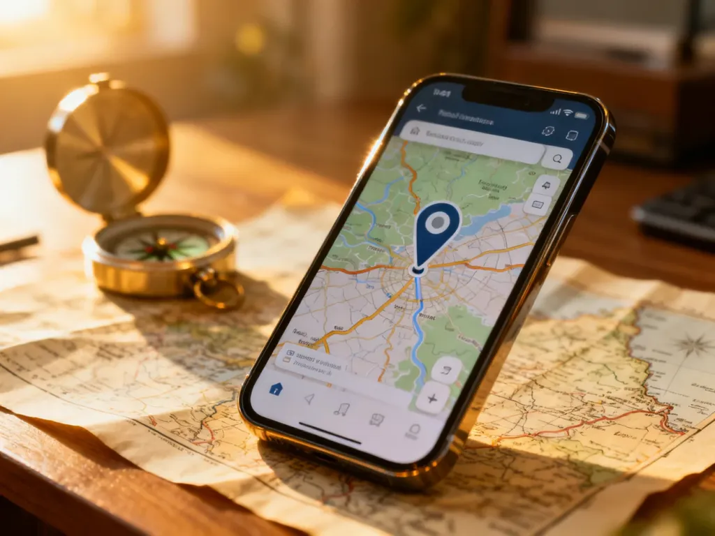Smartfon z wyświetloną mapą cyfrową na tle kompasu i papierowej mapy, ilustrujący korzystanie z nawigacji w podróży.