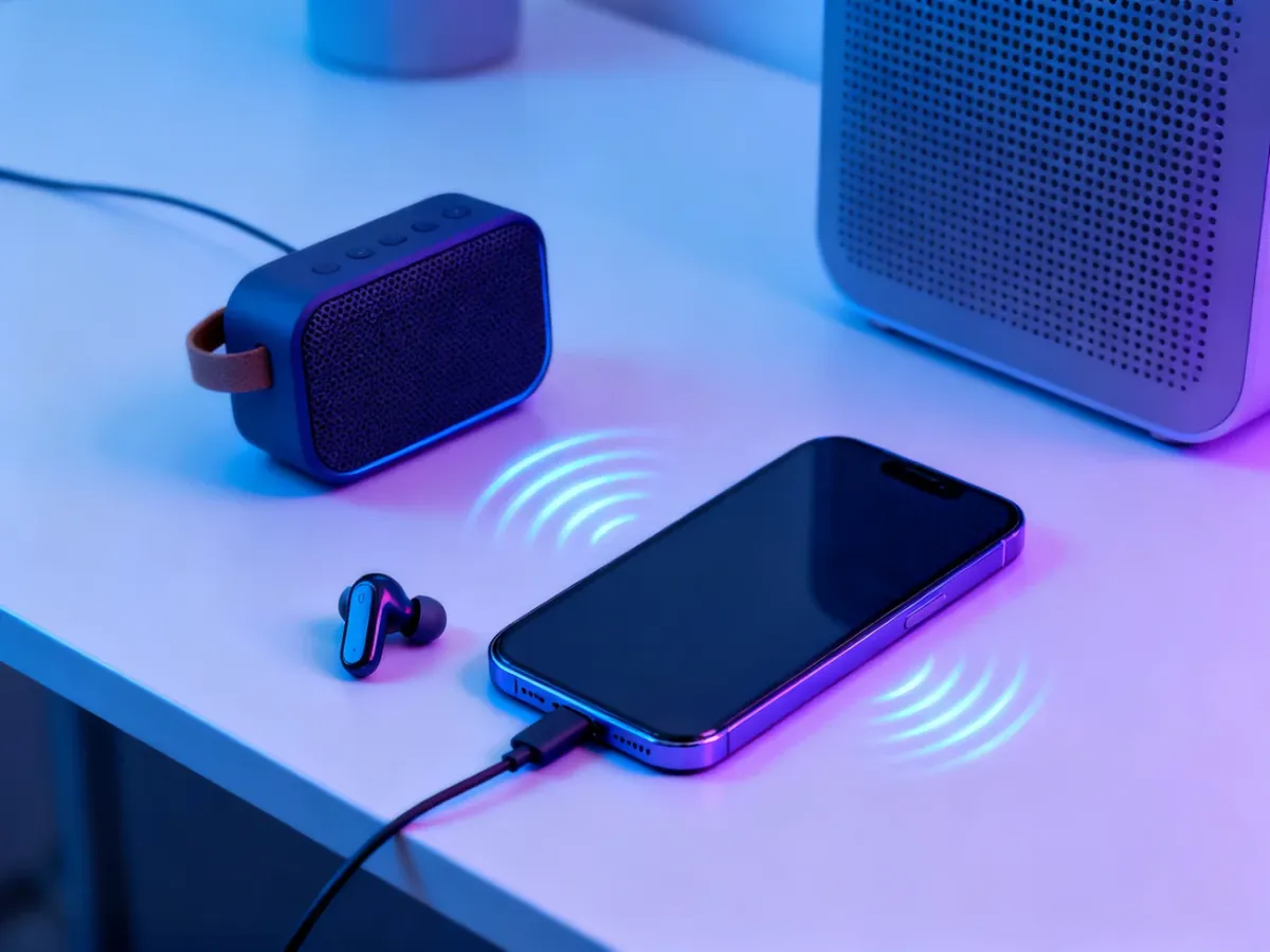 Smartfon połączony bezprzewodowo ze słuchawkami i głośnikiem Bluetooth