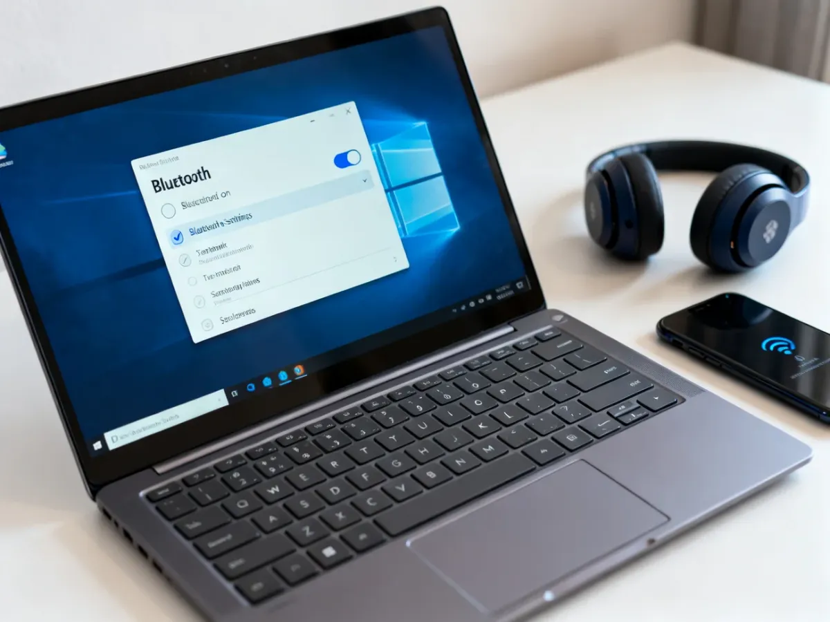 Laptop z włączonym Bluetooth i urządzeniami gotowymi do parowania