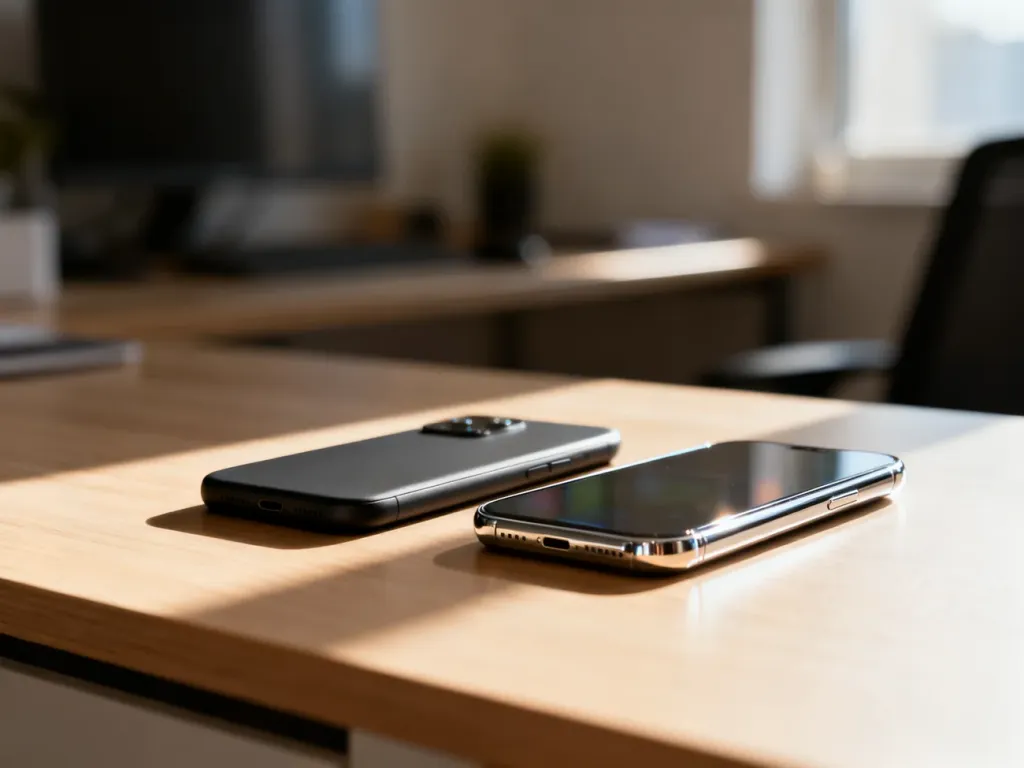 Porównanie iPhone 15 i iPhone 15 Pro leżących na drewnianym biurku, ukazujące różnice w wykończeniu obudowy obu modeli.