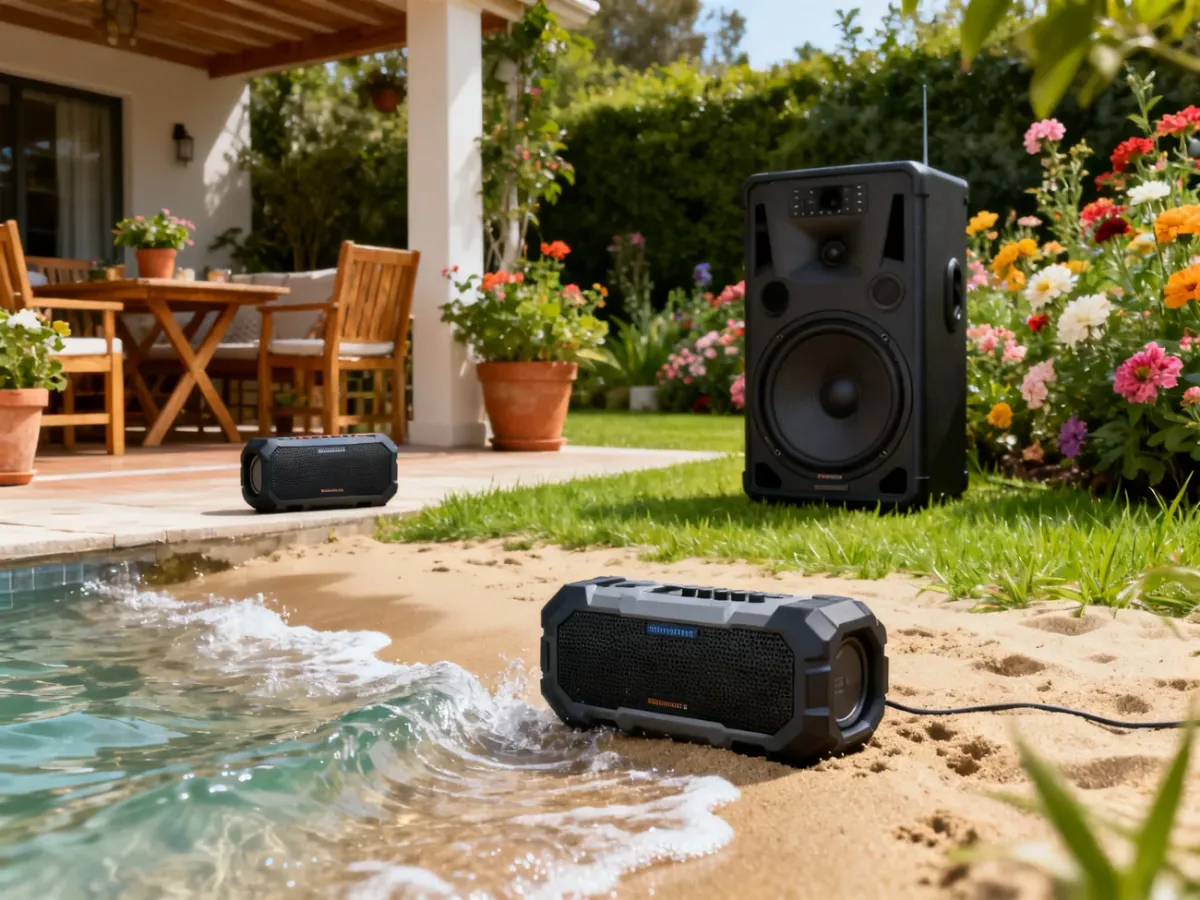 Różne głośniki Bluetooth ustawione w domu, na plaży i w ogrodzie