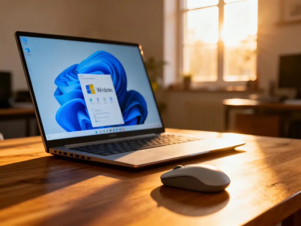 Nowoczesny laptop z systemem Windows 11 na biurku w domowym biurze oświetlonym porannym światłem.