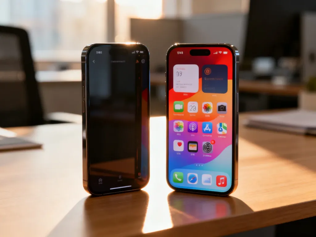 Dwa nowoczesne smartfony z systemami Android i iOS leżące obok siebie na drewnianym biurku.