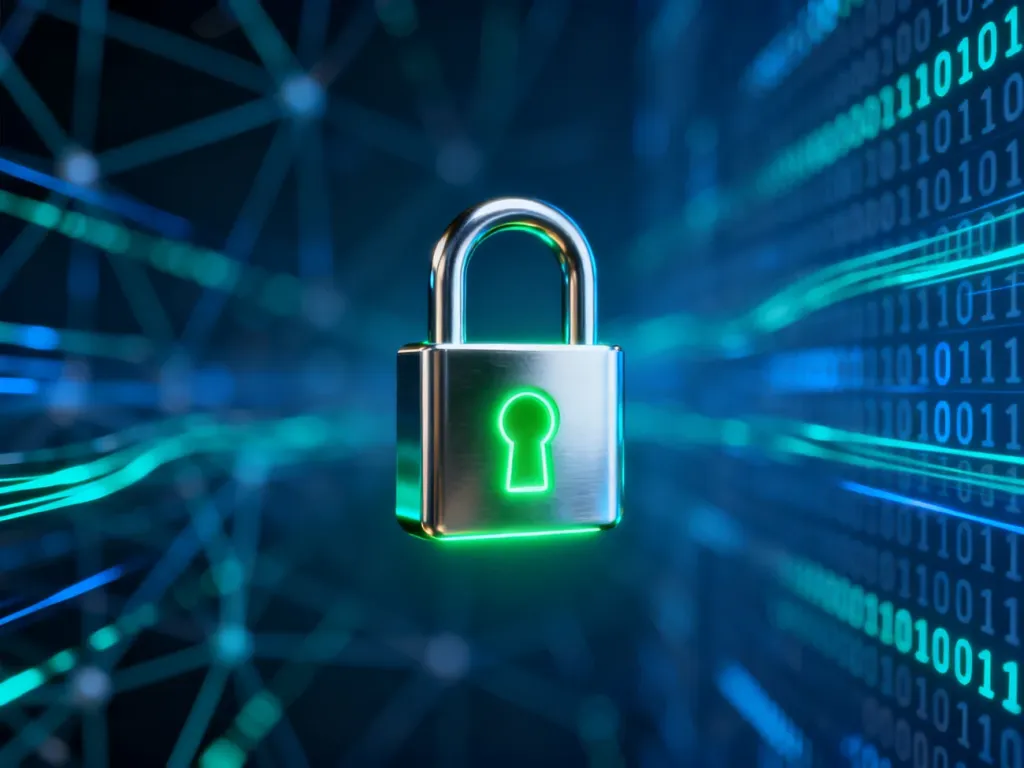 Świecąca cyfrowa kłódka symbolizująca bezpieczne połączenie internetowe na tle abstrakcyjnego kodu binarnego.