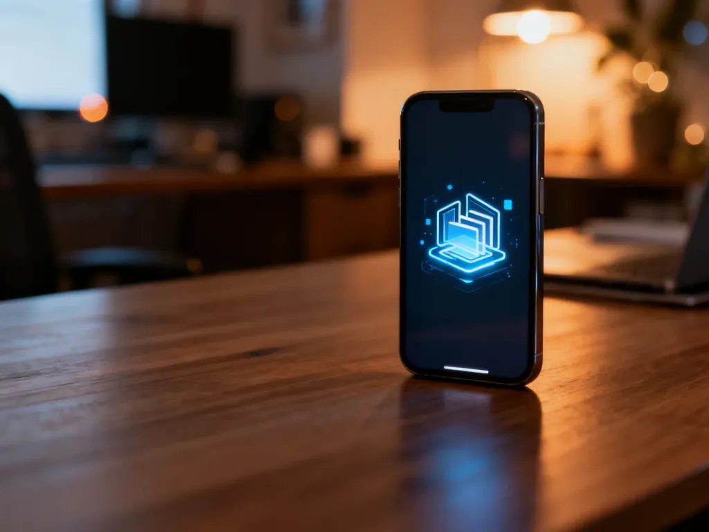 Nowoczesny smartfon na biurku z ikoną treści cyfrowych, symbolizujący dostęp do multimediów w subskrypcji YouTube Premium.