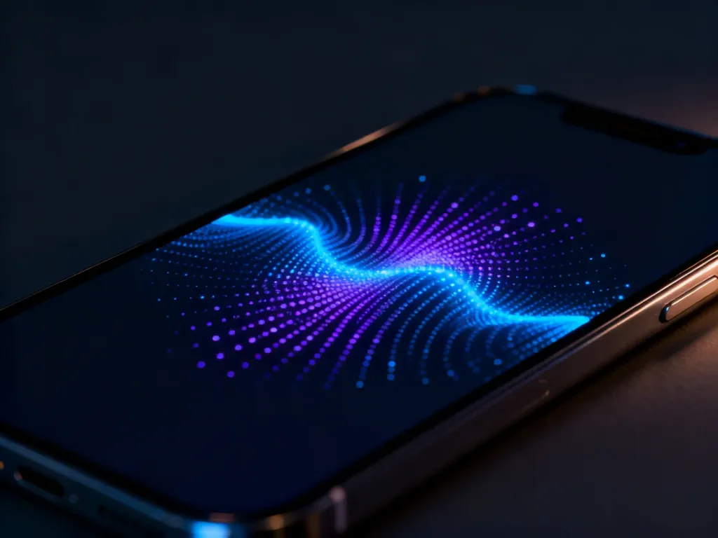 Wizualizacja fal haptycznych na ekranie smartfona, symbolizująca działanie technologii wibracji w urządzeniu iPhone.