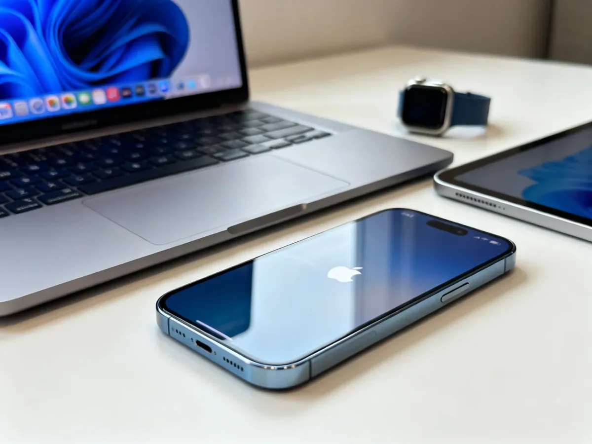 iPhone współpracujący z komputerem MacBook, iPadem i Apple Watchem