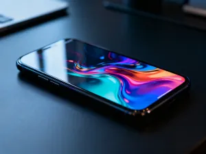 Tablet na drewnianym biurku z otwartym menu ustawień, symbolizujący proces zarządzania funkcjami urządzenia.