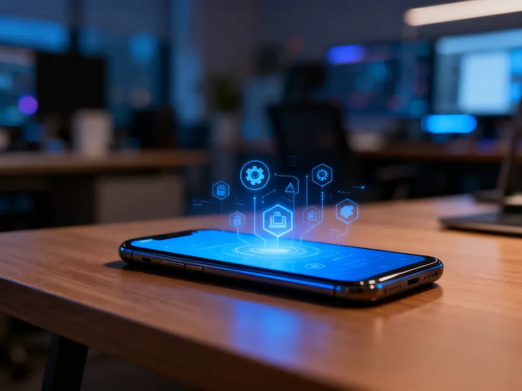 Nowoczesny smartfon na drewnianym biurku z ikonami aktualizacji oprogramowania na ekranie.