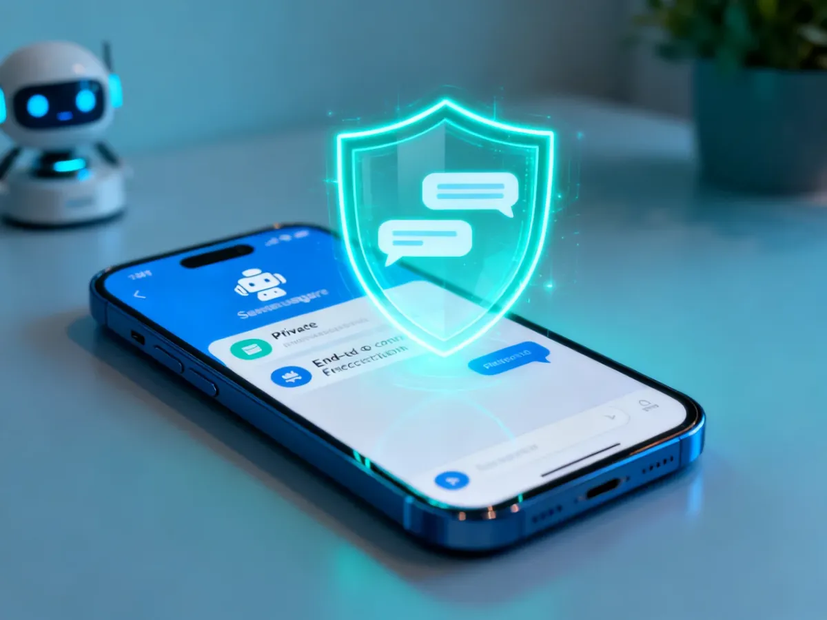 Smartfon z nieaktywnym asystentem AI i symbolem szyfrowania prywatnych rozmów