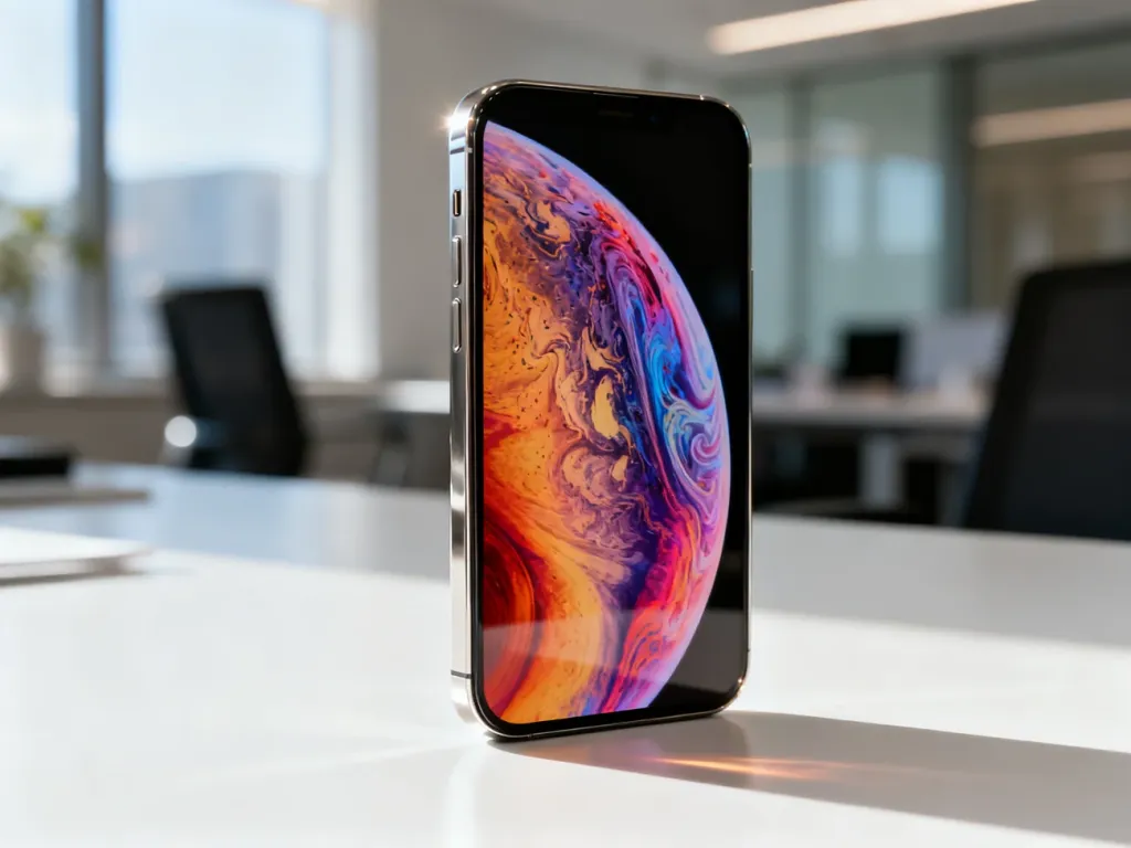 Zbliżenie na ekran iPhone'a 15 Pro z kolorową grafiką, podkreślające smukłe, tytanowe krawędzie urządzenia na biurku.