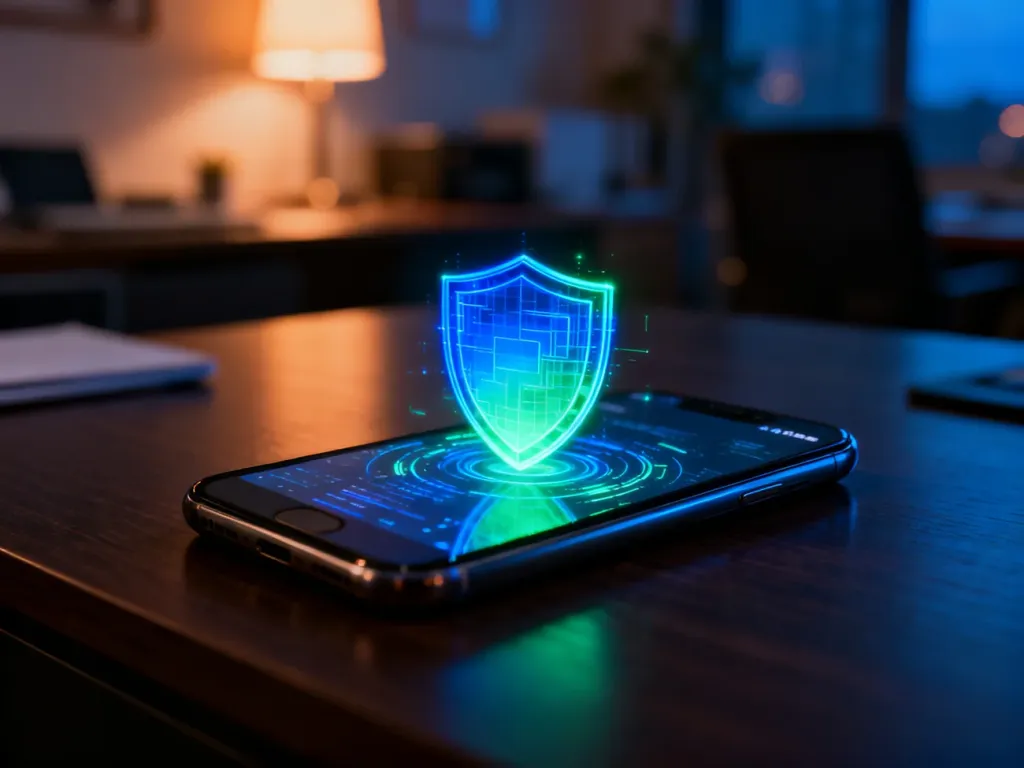 Smartfon z ikoną tarczy bezpieczeństwa na ekranie, symbolizujący ochronę danych i cyberbezpieczeństwo urządzenia.