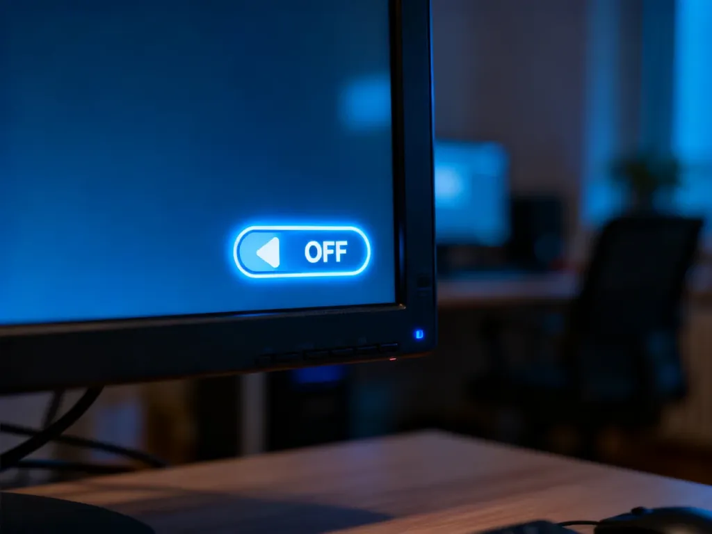 Cyfrowy przycisk wyłączania na ekranie monitora, symbolizujący dezaktywację blokowania reklam w przeglądarce.