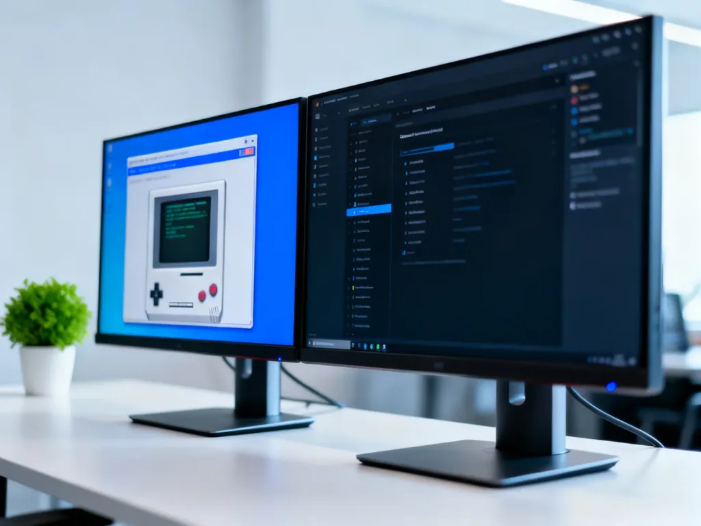 Dwa monitory obok siebie: po lewej klasyczny interfejs Windows 7, po prawej nowoczesny system w trybie ciemnym.