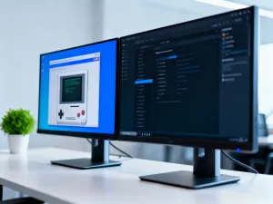 Nowoczesny smartfon z interfejsem muzycznym i słuchawki bezprzewodowe na biurku, symbolizujące wybór serwisu streamingowego.