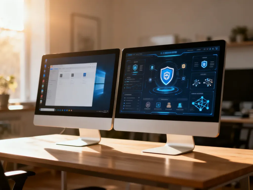 Dwa monitory na biurku: jeden z prostym interfejsem systemu Windows, drugi z zaawansowanym panelem zarządzania i zabezpieczeń.