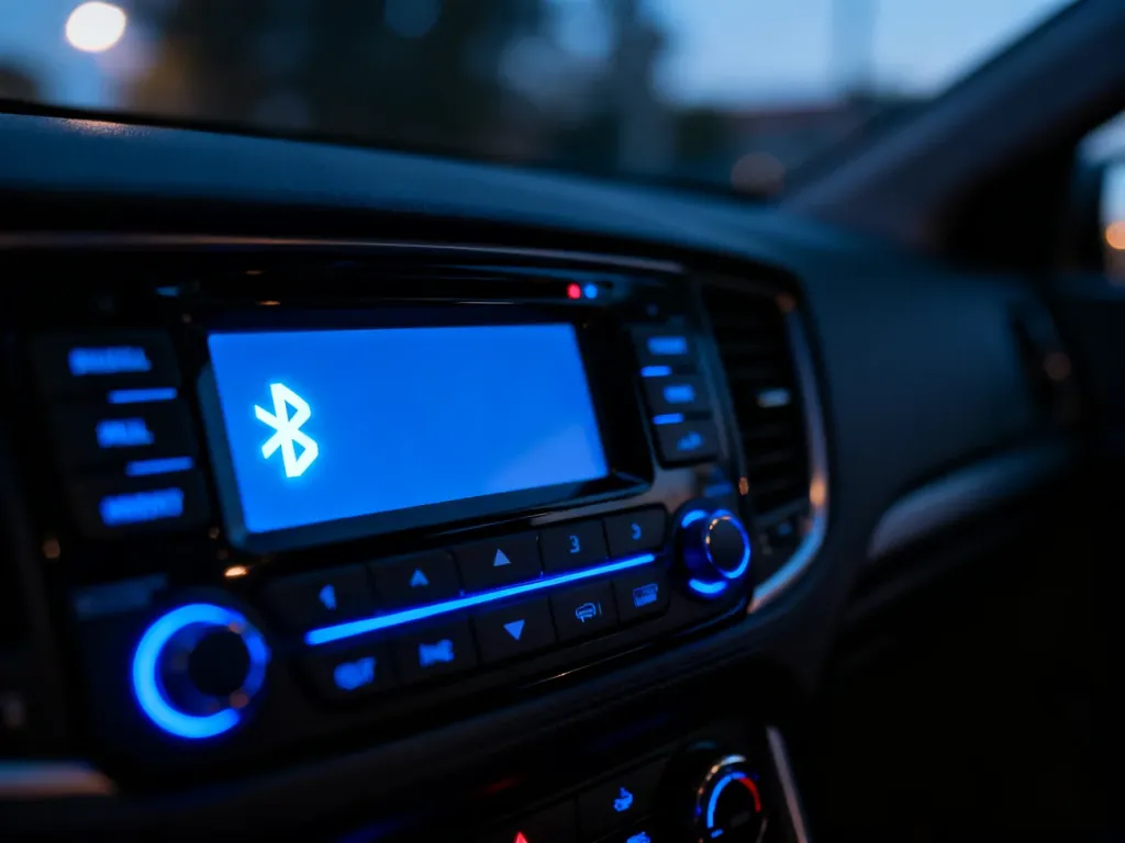 Podświetlona ikona Bluetooth na wyświetlaczu radia samochodowego JVC w wieczornym oświetleniu.