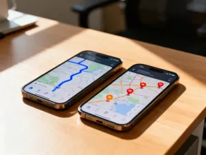 Ekran smartfona z widoczną mapą i czerwoną pinezką zaznaczającą konkretny punkt na skrzyżowaniu ulic.