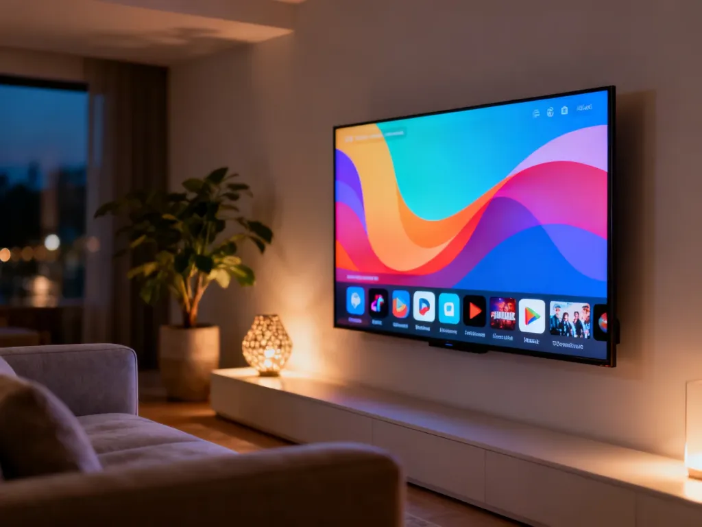 Nowoczesny telewizor z interfejsem Google TV zamontowany na ścianie w przytulnym, stylowym salonie.