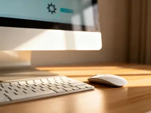 Ekran laptopa z ikoną tarczy i lupą, symbolizujący cyfrowe bezpieczeństwo oraz ochronę danych osobowych.