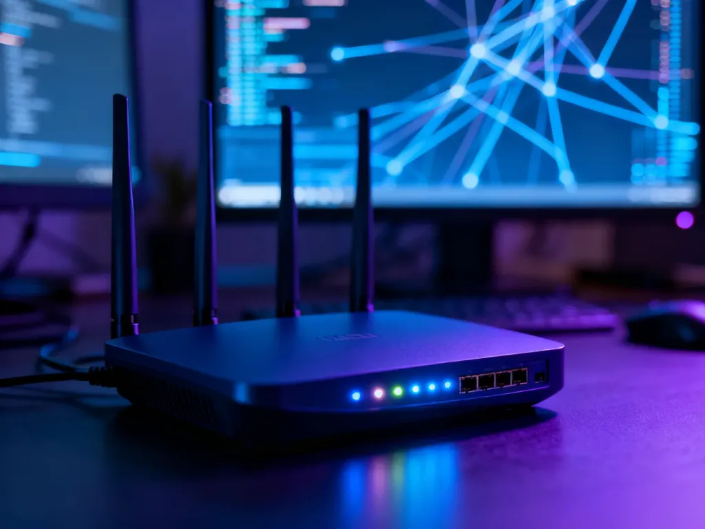 Nowoczesny router z migającymi diodami w domowym biurze, symbolizujący zarządzanie ruchem sieciowym i połączeniami.