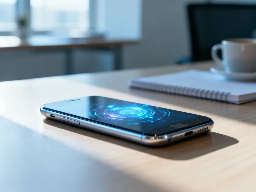 Nowoczesny smartfon z podświetlonym ekranem leżący na drewnianym biurku w jasnym, słonecznym biurze.