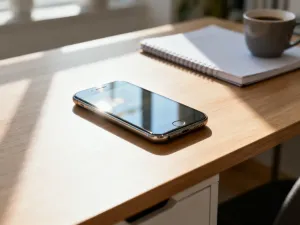 Nowoczesny smartfon leżący na minimalistycznym biurku, symbolizujący proces resetowania lub wymazywania danych z urządzenia.