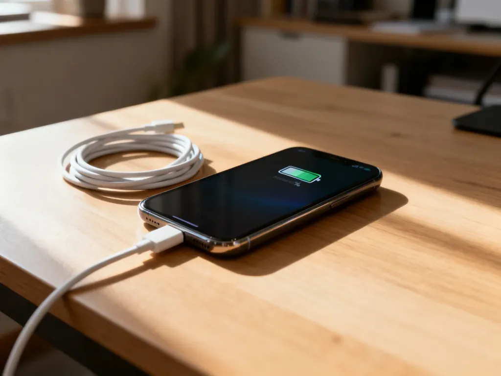 iPhone 13 leżący na drewnianym biurku z widocznym wskaźnikiem naładowania baterii oraz kablem do ładowania.