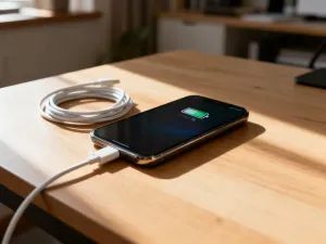 Nowoczesny smartfon z wyświetlonym interfejsem chmury na minimalistycznym biurku, symbolizujący przechowywanie danych w iCloud.