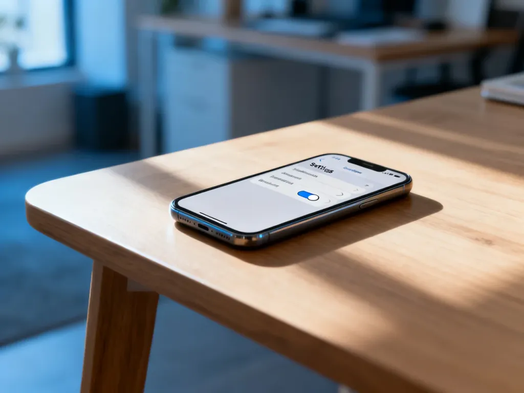 Nowoczesny smartfon leżący na drewnianym biurku z widocznym menu ustawień, ilustrujący proces zarządzania lokalizacją.