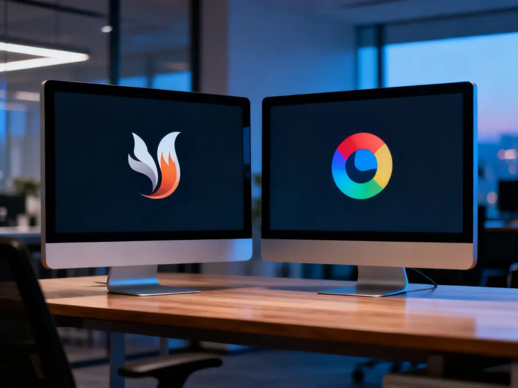 Dwa monitory na biurku z ikonami przeglądarek Firefox i Chrome, ilustrujące porównanie obu narzędzi.