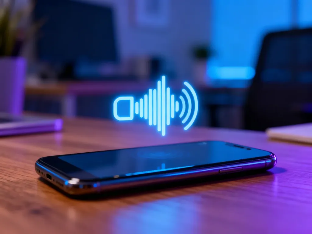 Świecąca cyfrowa fala dźwiękowa nad ekranem smartfona, symbolizująca działanie asystenta głosowego Siri.
