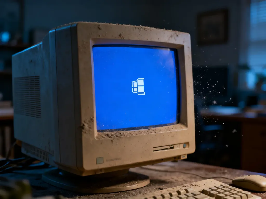 Stary, zakurzony monitor wyświetlający błąd systemu, symbolizujący zakończenie wsparcia dla Windows 7.
