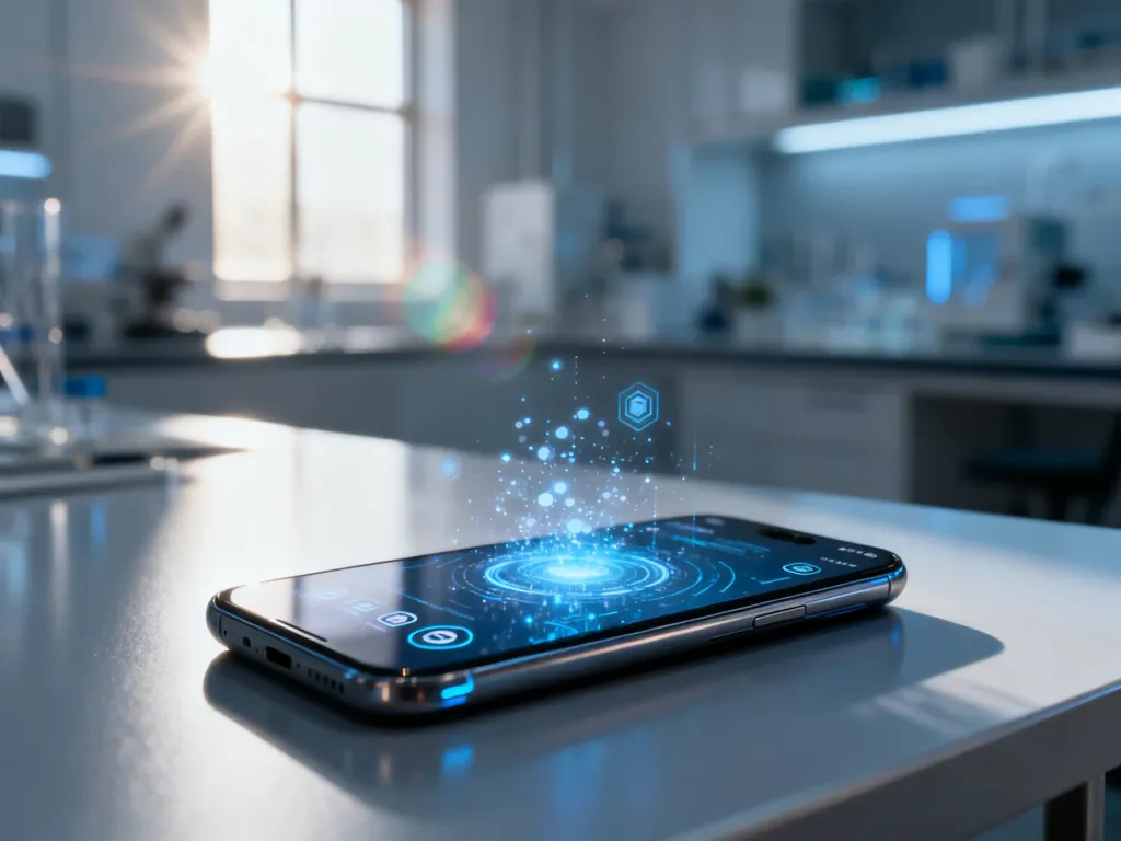 Futurystyczny smartfon z wyświetlonymi ikonami systemu na minimalistycznym biurku w nowoczesnym laboratorium.