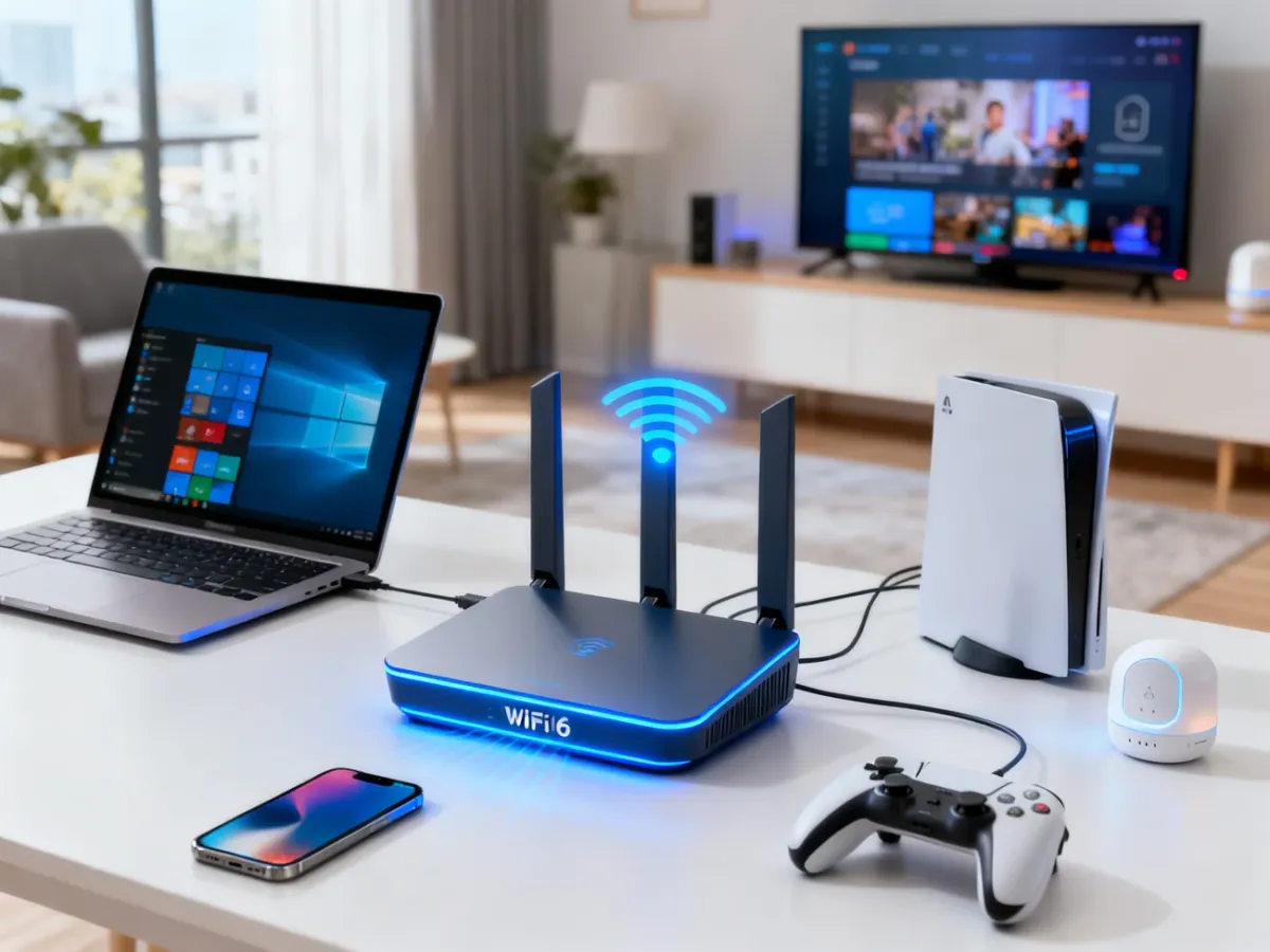 Router Wi-Fi 6 połączony z wieloma urządzeniami w nowoczesnym domu