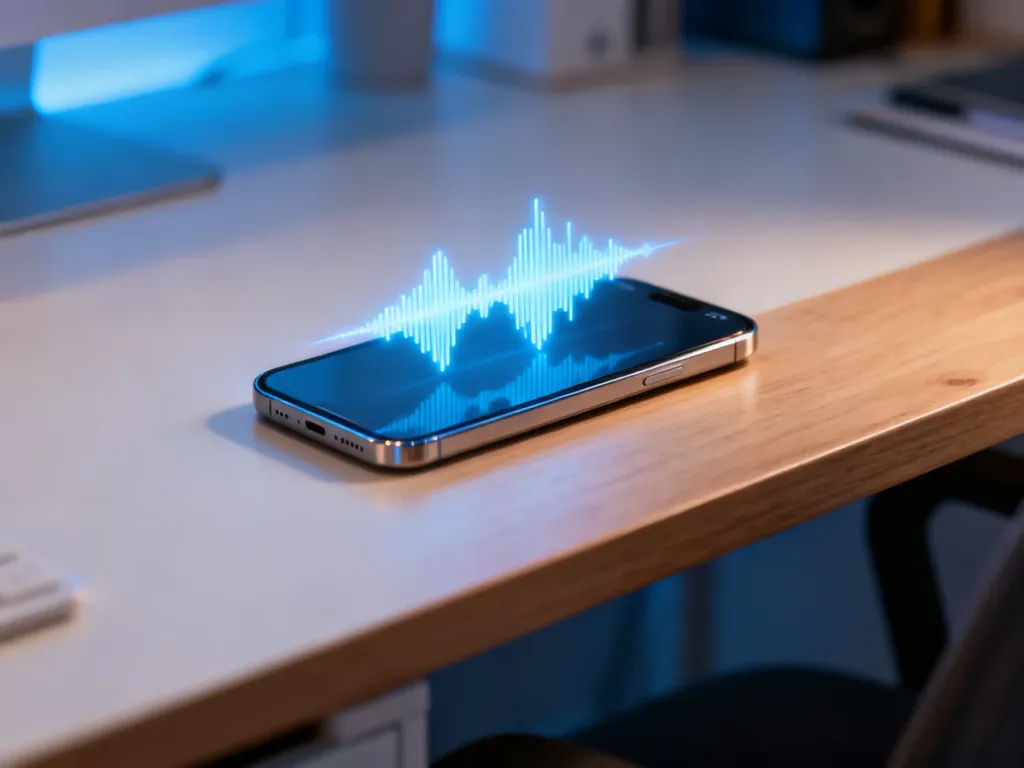 Nowoczesny smartfon z wyświetloną cyfrową falą dźwiękową, symbolizującą aktywną funkcję asystenta głosowego Siri.