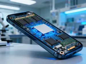 iPhone 13 Pro Max leżący na drewnianym biurku w nowoczesnym biurze, prezentujący wyświetlacz z kolorową tapetą.