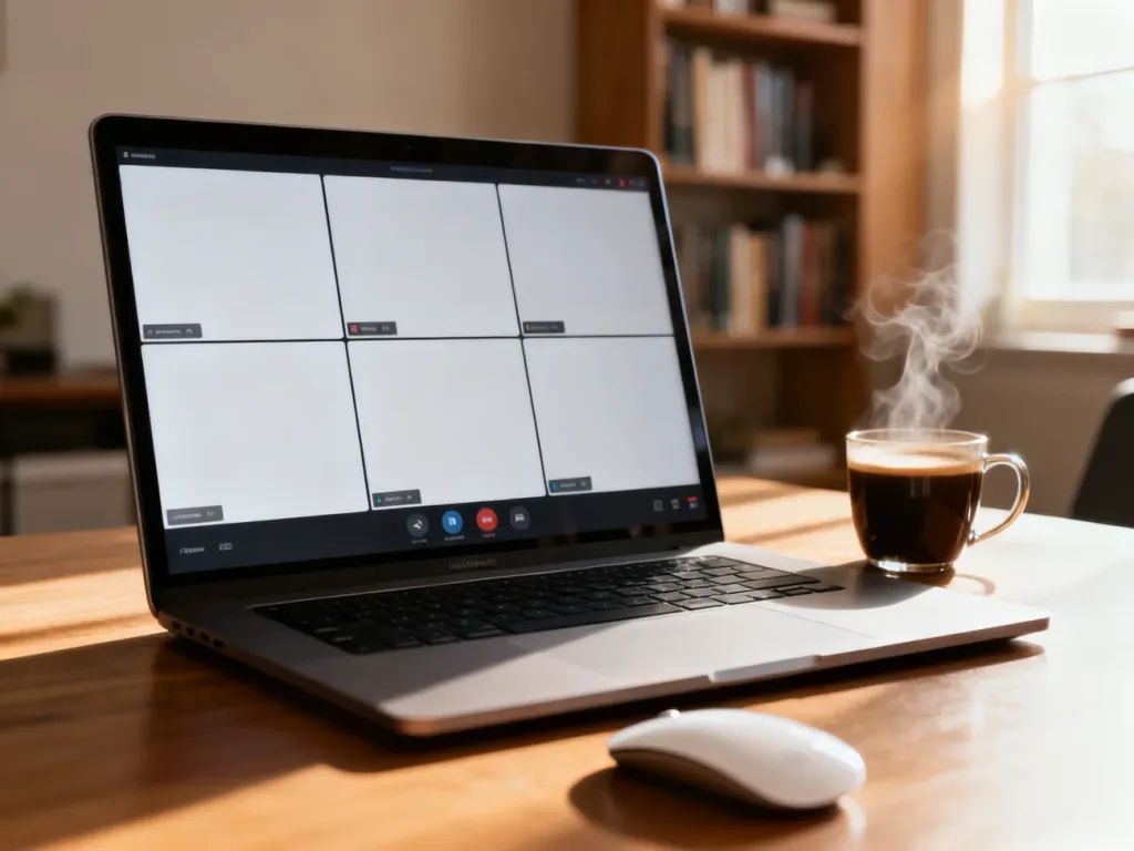 Laptop z otwartym interfejsem wideokonferencyjnym na biurku, przygotowany do rozpoczęcia spotkania w Microsoft Teams.