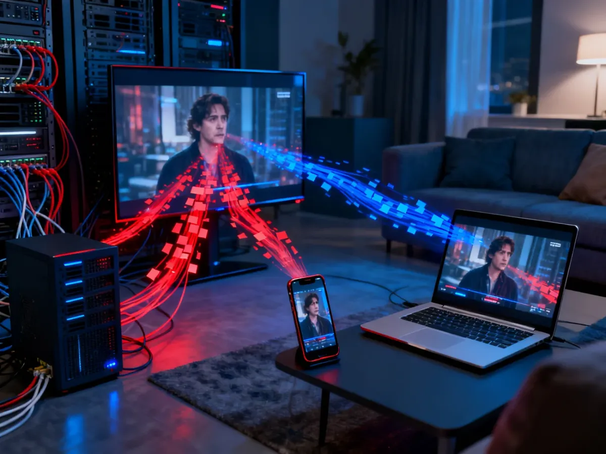 Urządzenia użytkownika odbierające fragmenty filmu z pobliskich serwerów sieci Netflix