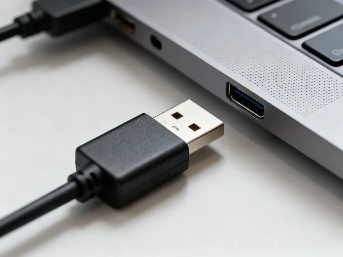 Zbliżenie prostokątnej wtyczki USB-A i portu w komputerze